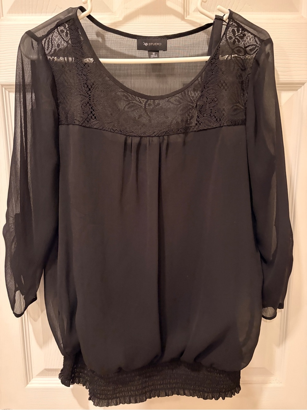 AB Studio Black Lace-Yoke Sheer Blouse